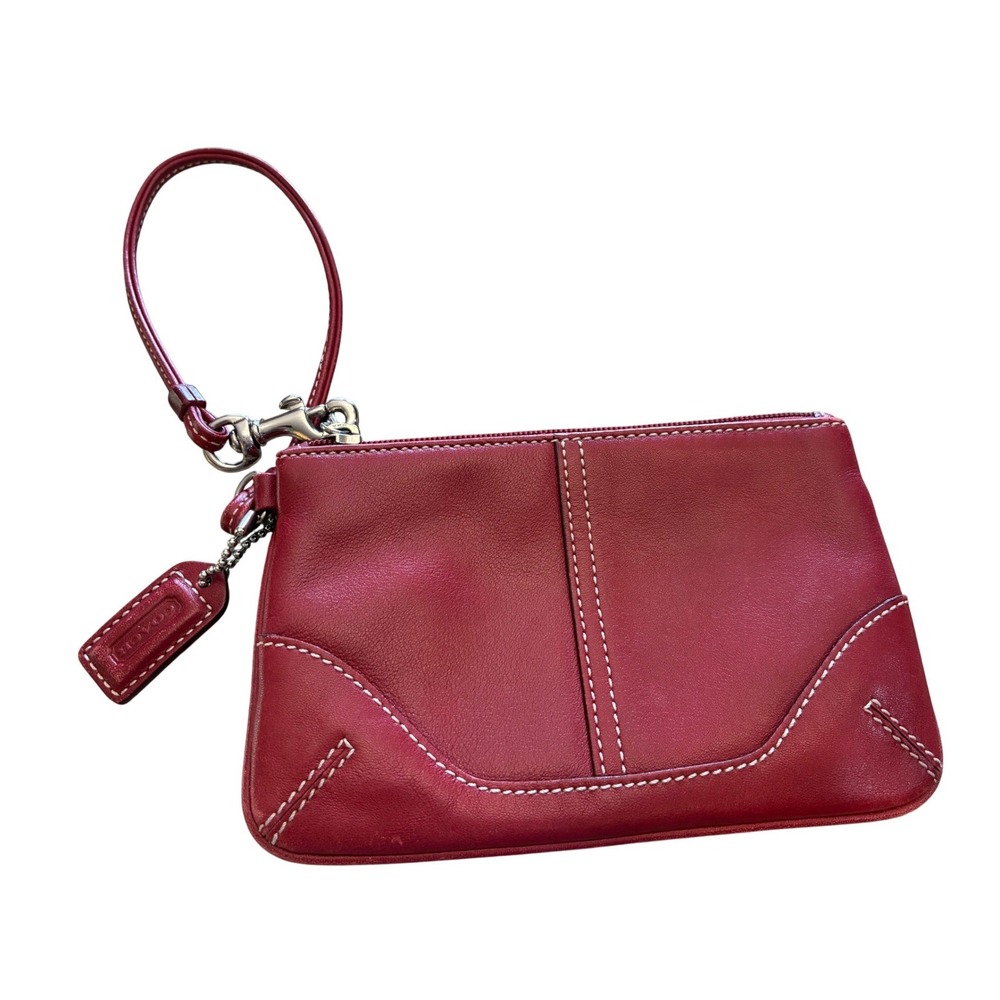Coach Wristlet Women Small Red Excellent Leather Contrast Stitch Pouch